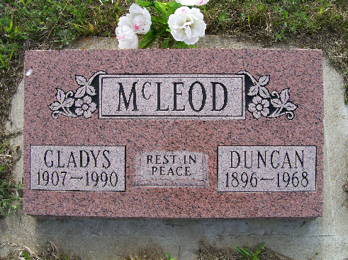 Photo of headstones/Duncan Roderick McLeod d1968 hdstn Ruthilda Cem Sask